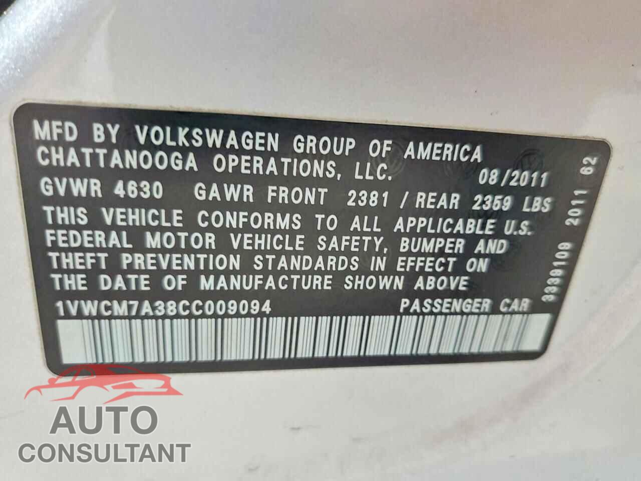 VOLKSWAGEN PASSAT 2012 - 1VWCM7A38CC009094
