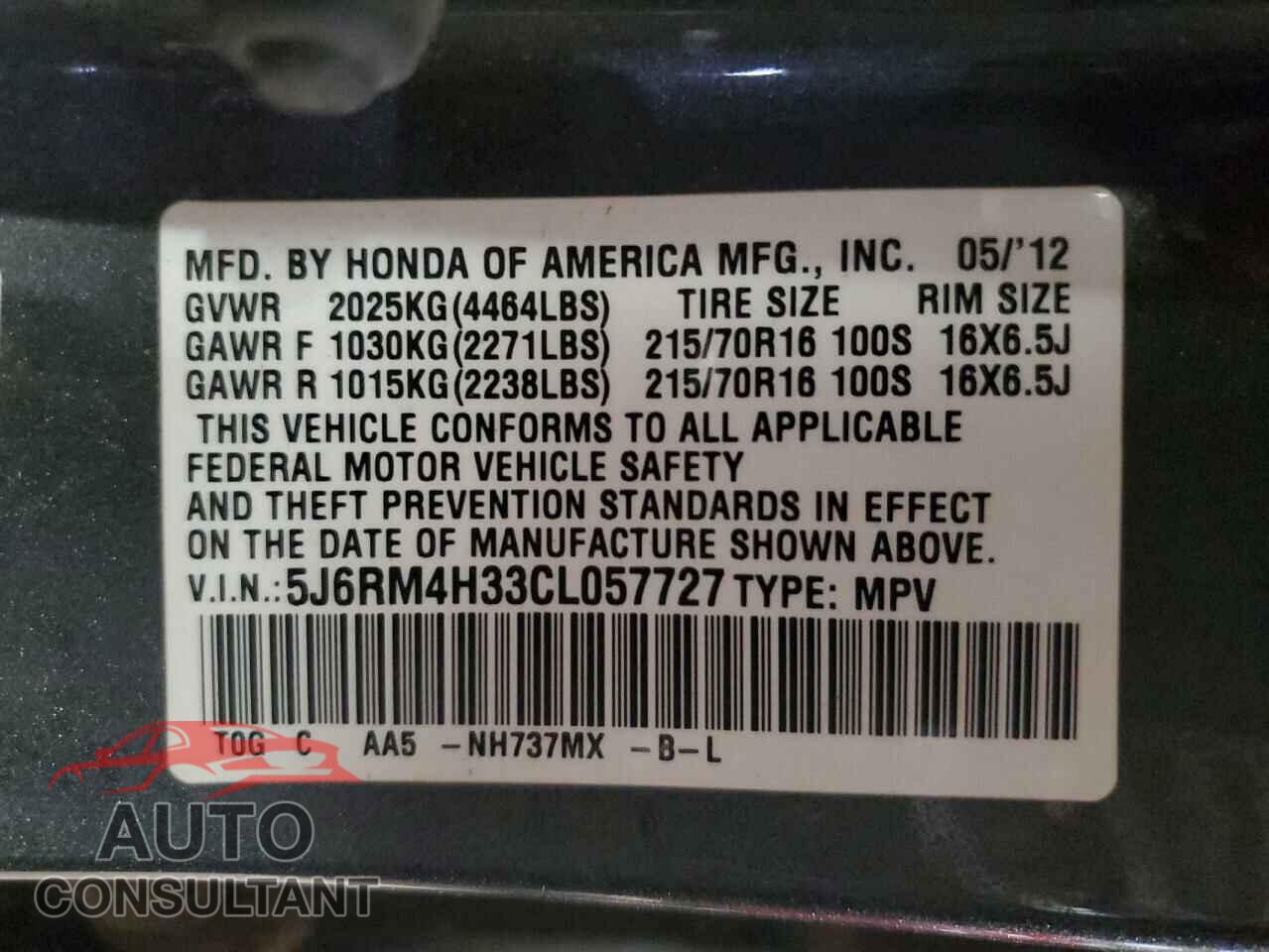 HONDA CRV 2012 - 5J6RM4H33CL057727