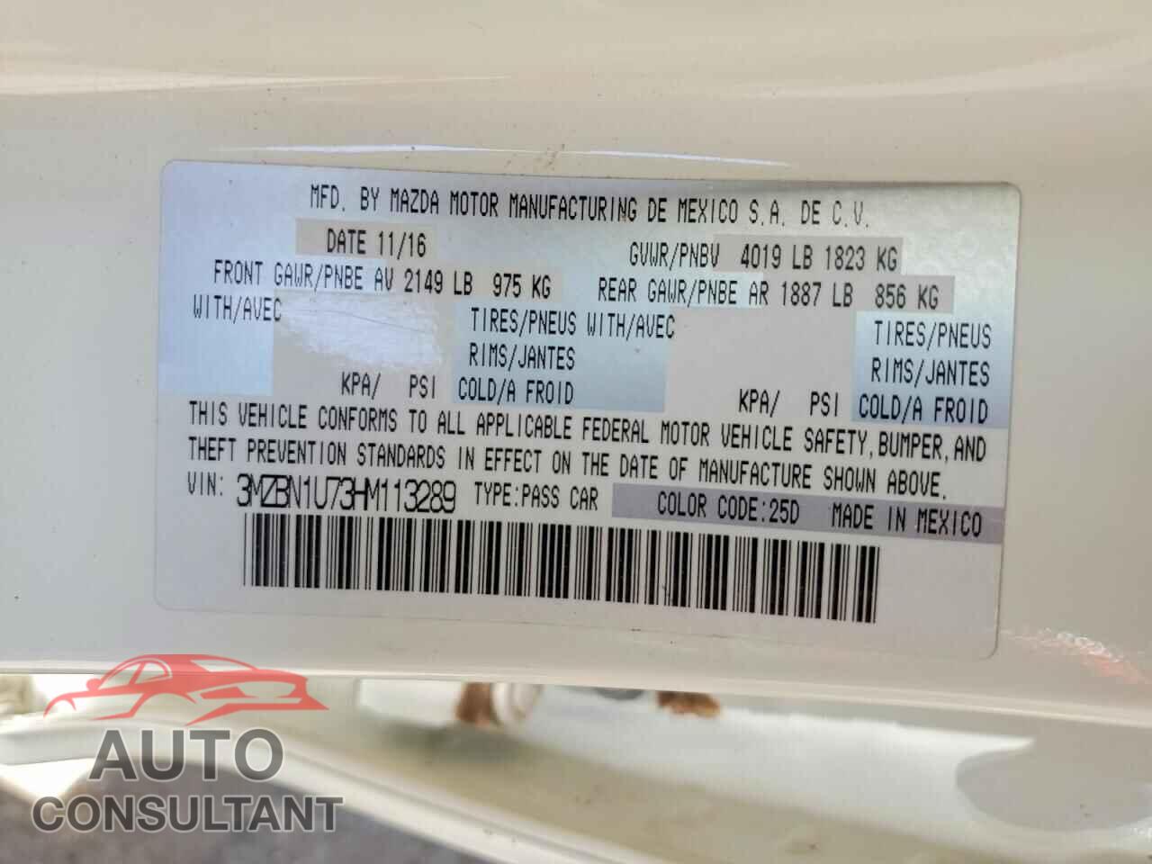 MAZDA 3 2017 - 3MZBN1U73HM113289