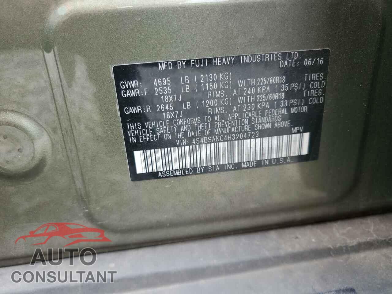 SUBARU OUTBACK 2017 - 4S4BSANC4H3204723