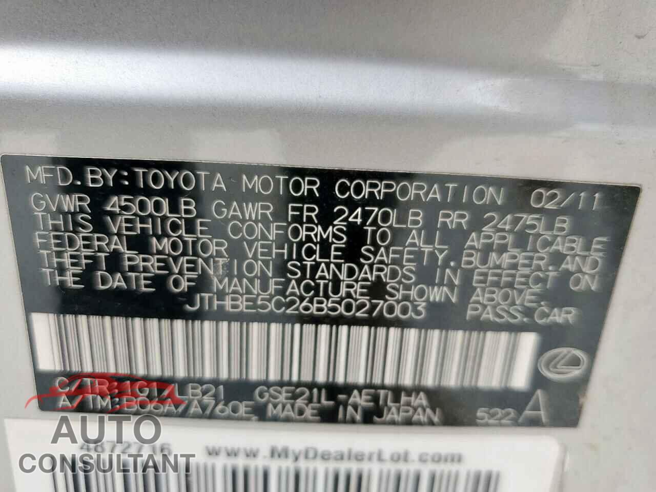 LEXUS IS 2011 - JTHBE5C26B5027003