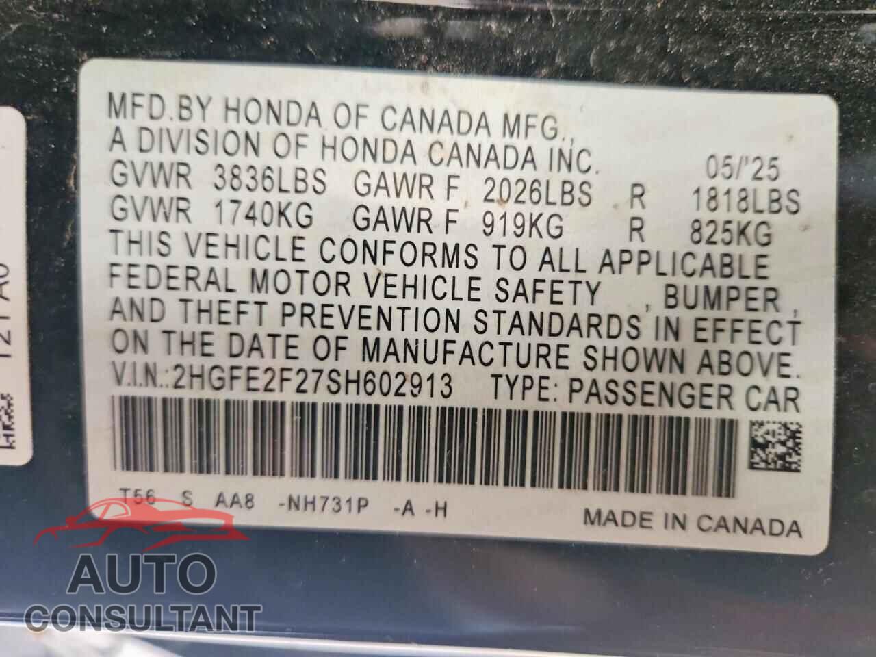 HONDA CIVIC 2025 - 2HGFE2F27SH602913