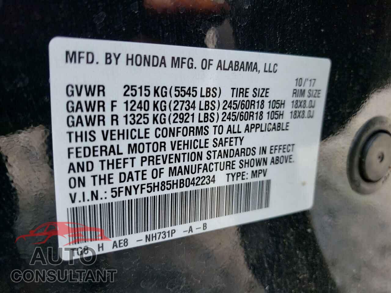 HONDA PILOT 2017 - 5FNYF5H85HB042234