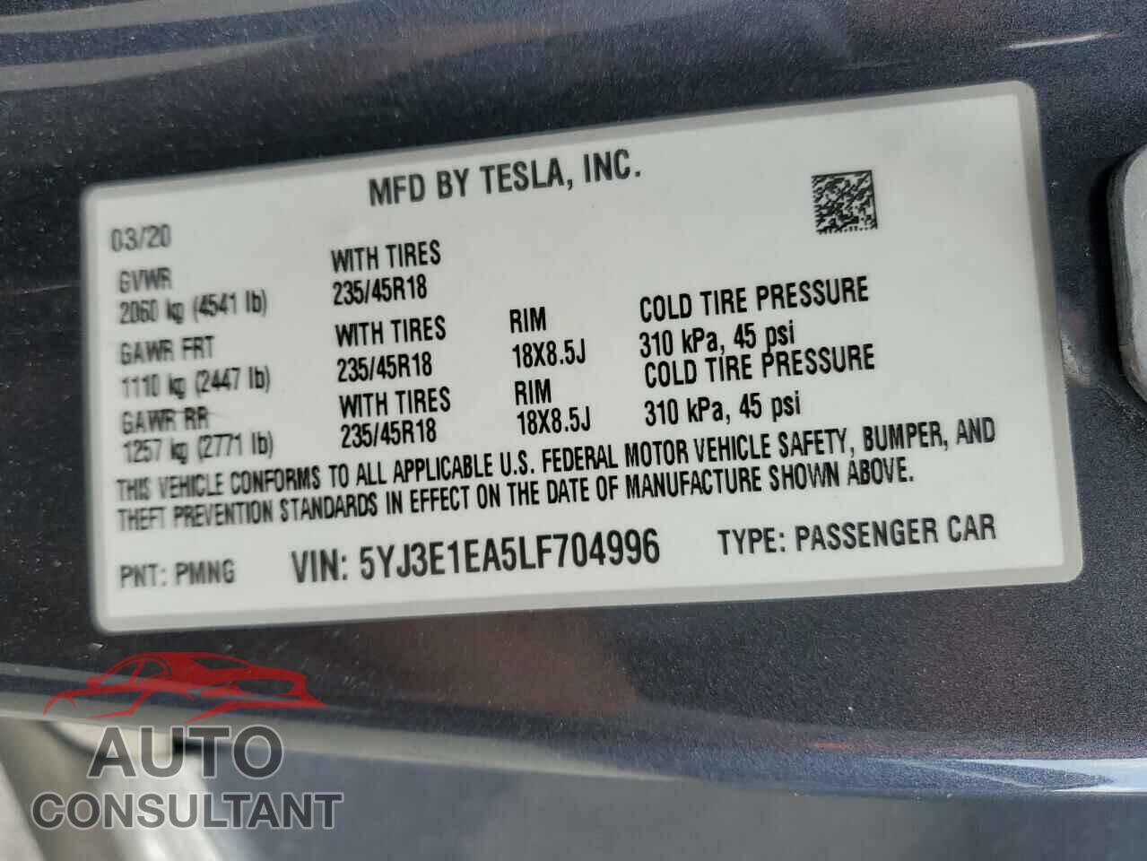 TESLA MODEL 3 2020 - 5YJ3E1EA5LF704996