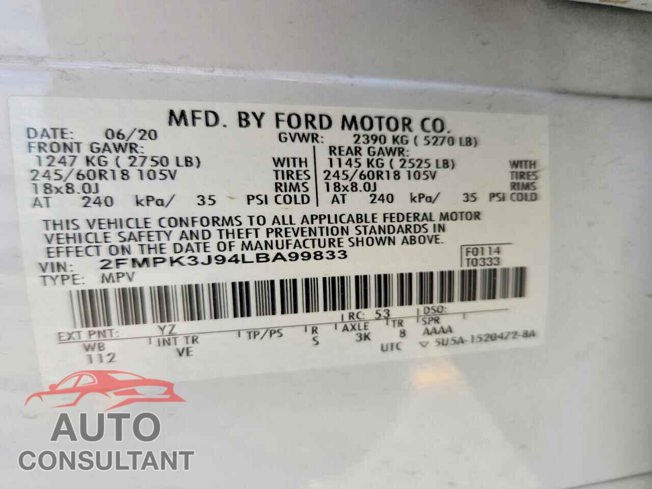 FORD EDGE 2020 - 2FMPK3J94LBA99833