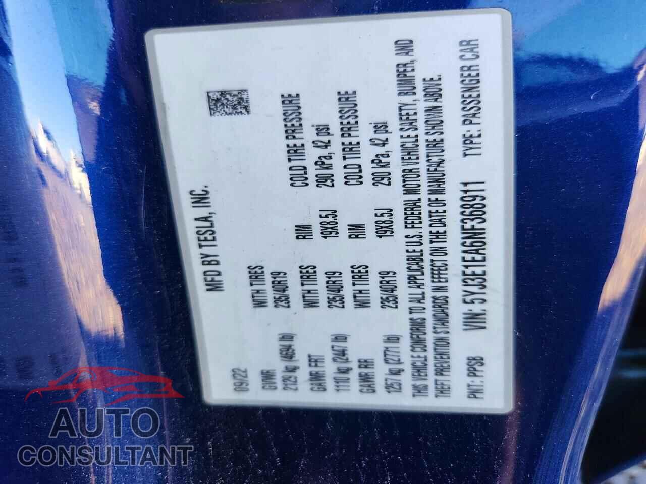 TESLA MODEL 3 2022 - 5YJ3E1EA6NF368911