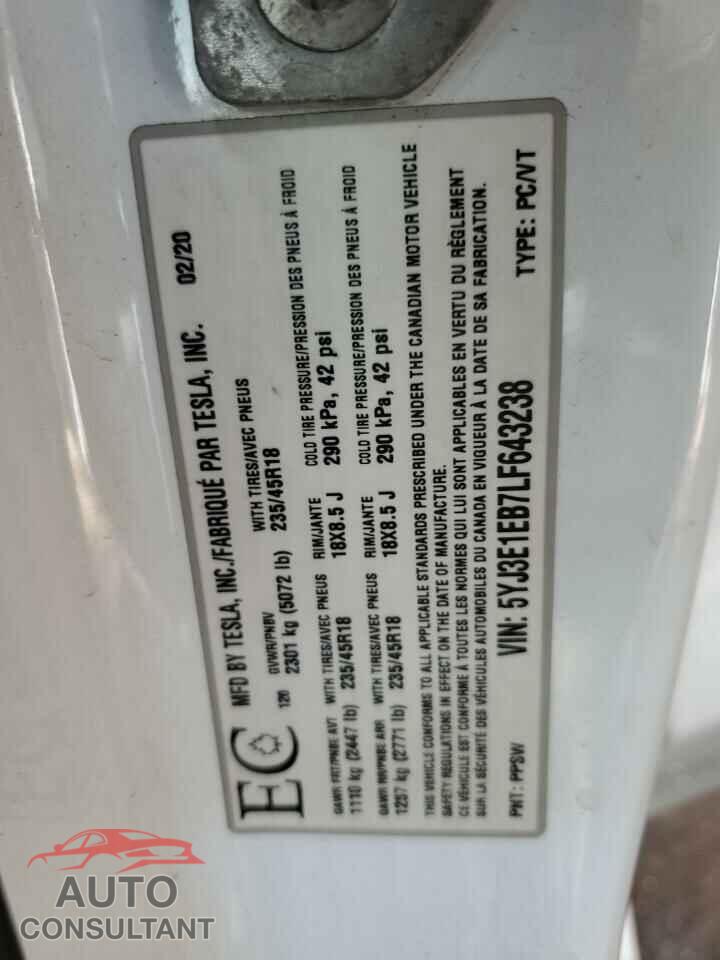 TESLA MODEL 3 2020 - 5YJ3E1EB7LF643238