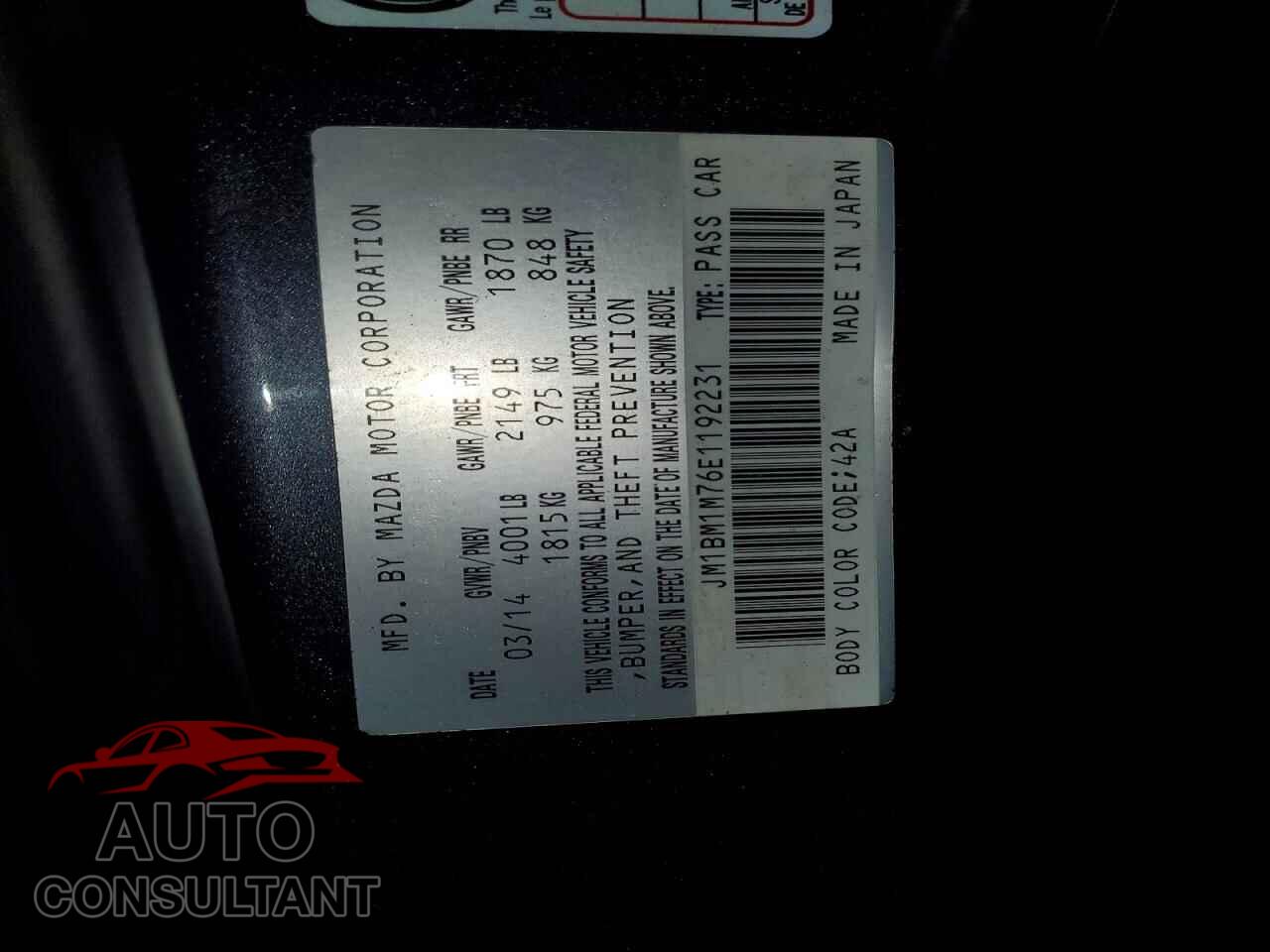 MAZDA 3 2014 - JM1BM1M76E1192231