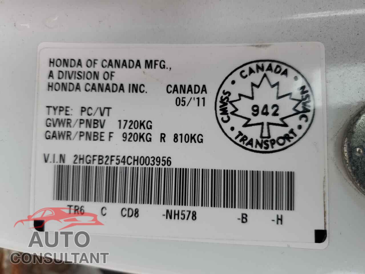HONDA CIVIC 2012 - 2HGFB2F54CH003956