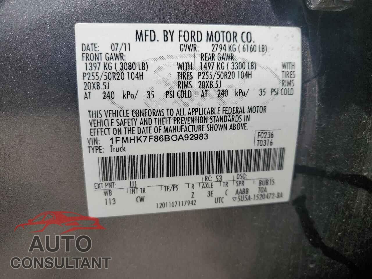 FORD EXPLORER 2011 - 1FMHK7F86BGA92983
