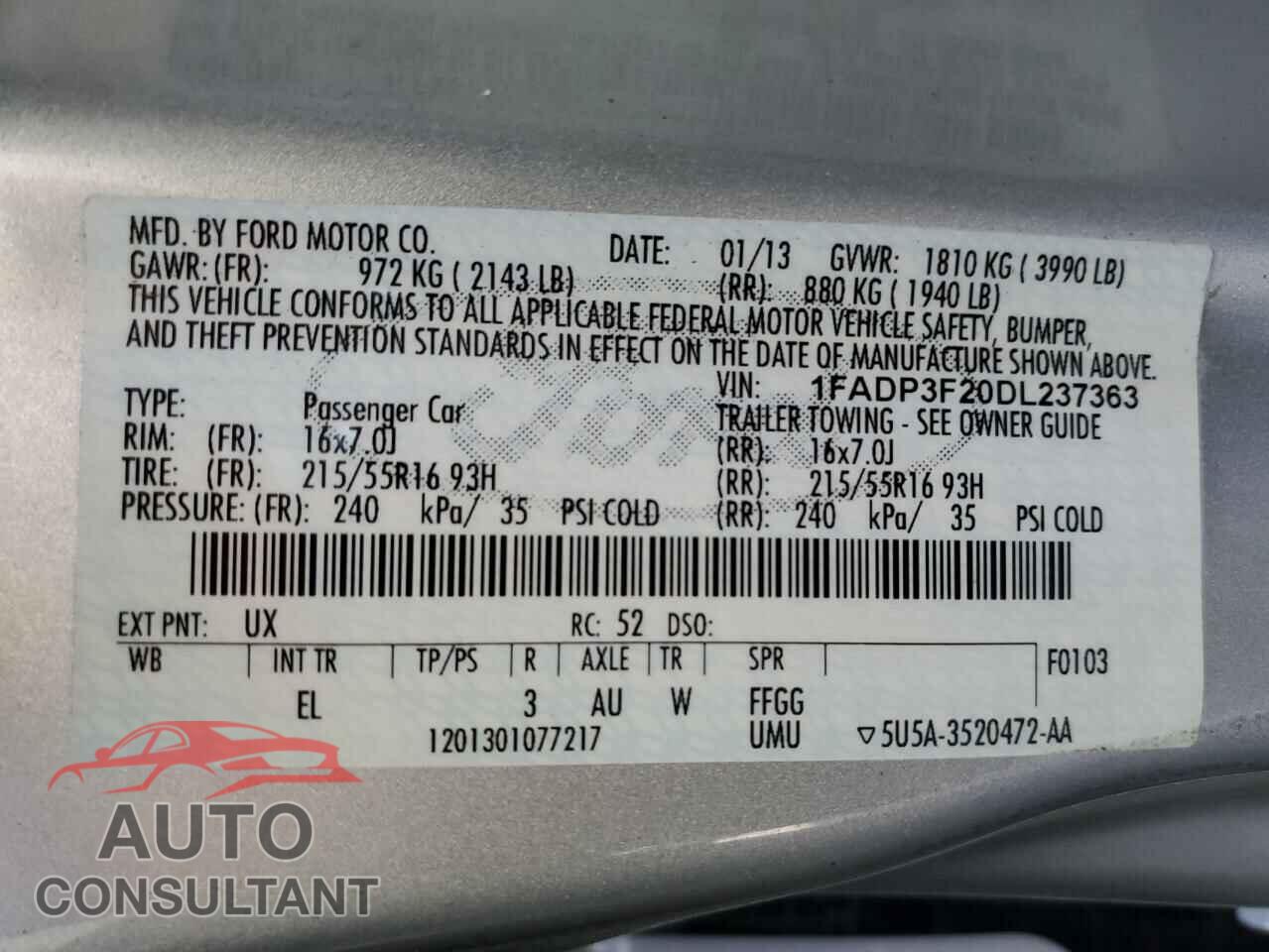 FORD FOCUS 2013 - 1FADP3F20DL237363