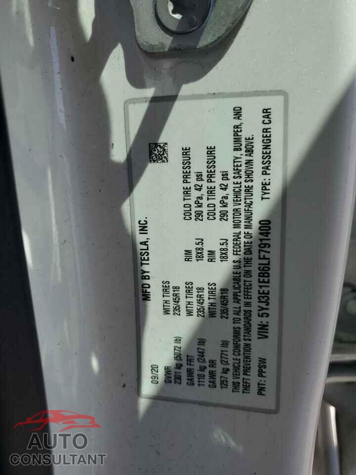 TESLA MODEL 3 2020 - 5YJ3E1EB6LF791400