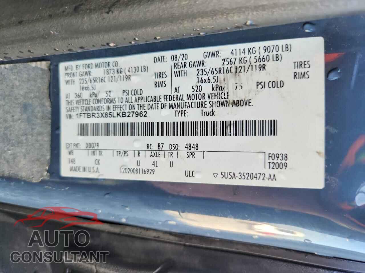 FORD TRANSIT 2020 - 1FTBR3X85LKB27962