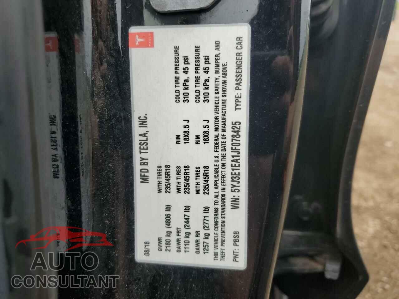 TESLA MODEL 3 2018 - 5YJ3E1EA1JF078425