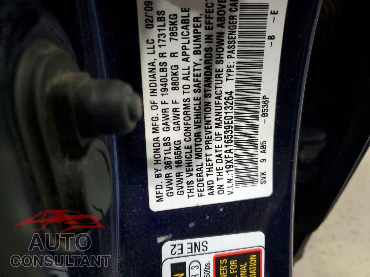 HONDA CIVIC 2009 - 19XFA16539E013264