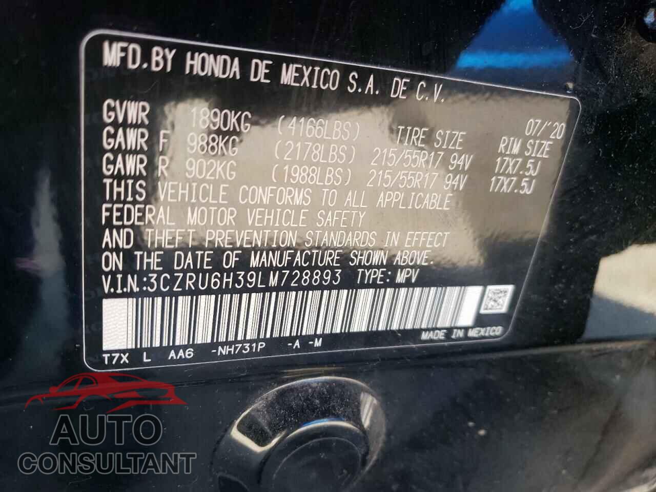 HONDA HR-V 2020 - 3CZRU6H39LM728893