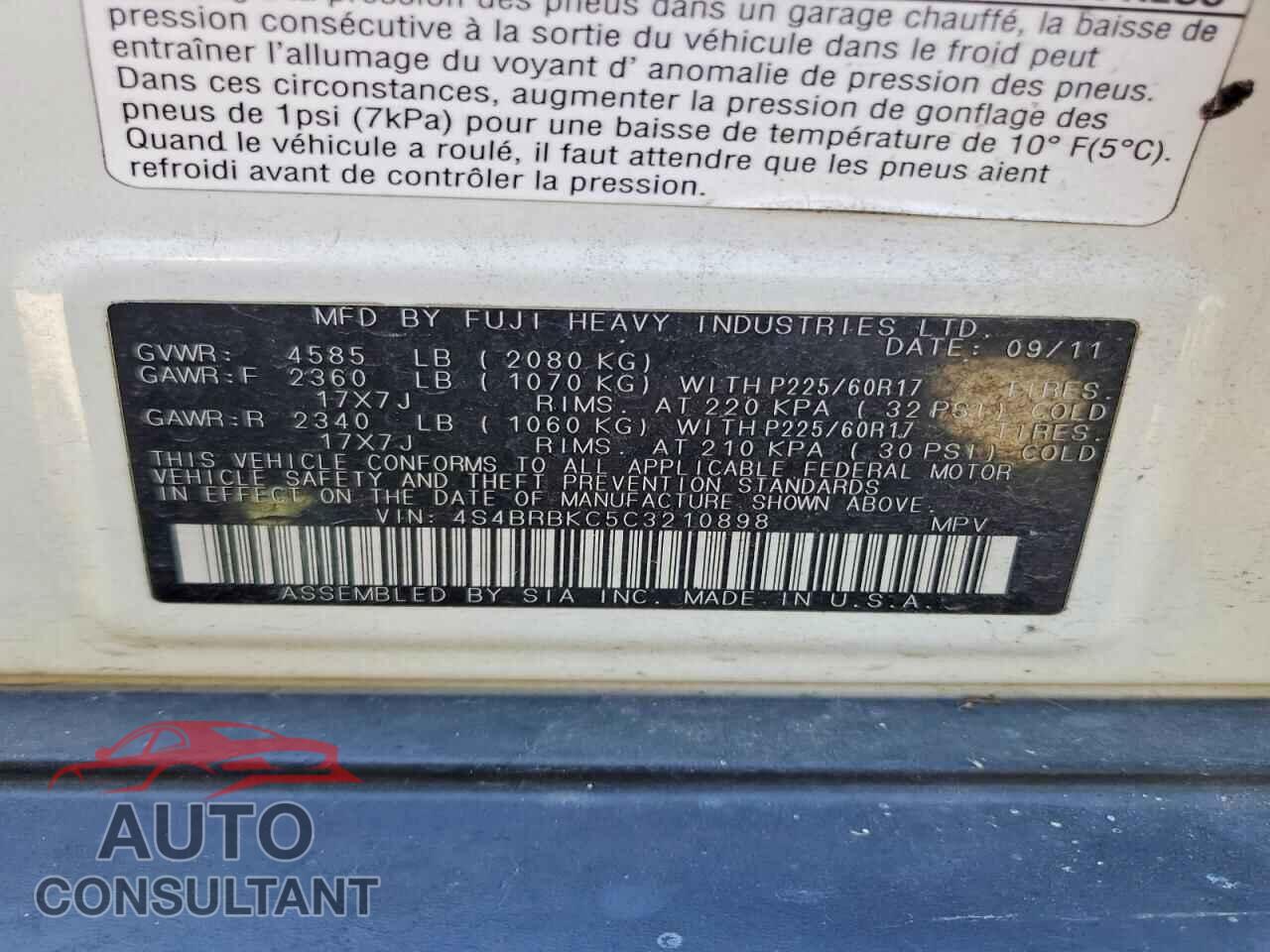 SUBARU OUTBACK 2012 - 4S4BRBKC5C3210898