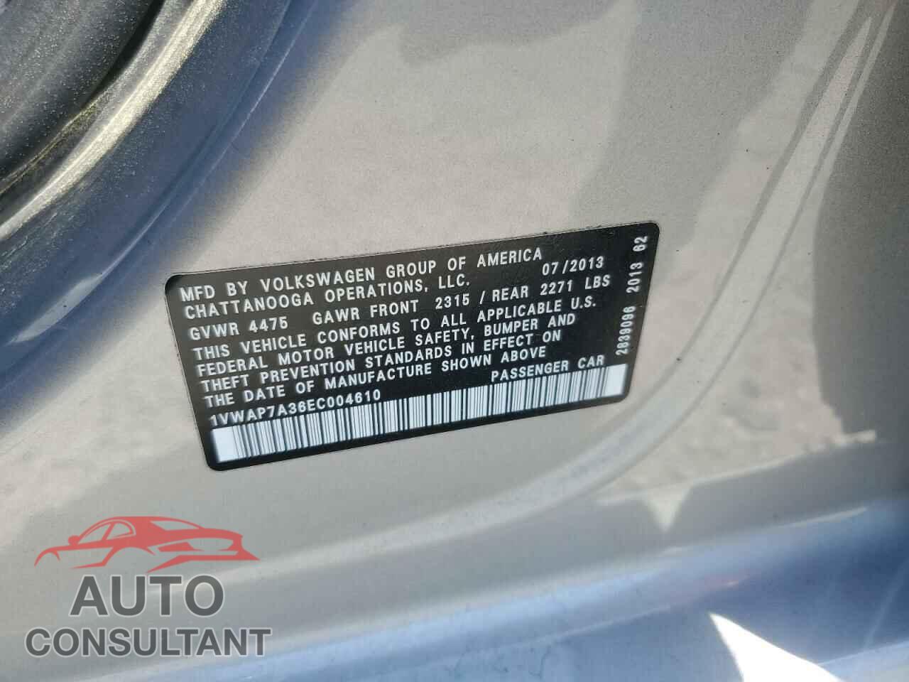 VOLKSWAGEN PASSAT 2014 - 1VWAP7A36EC004610