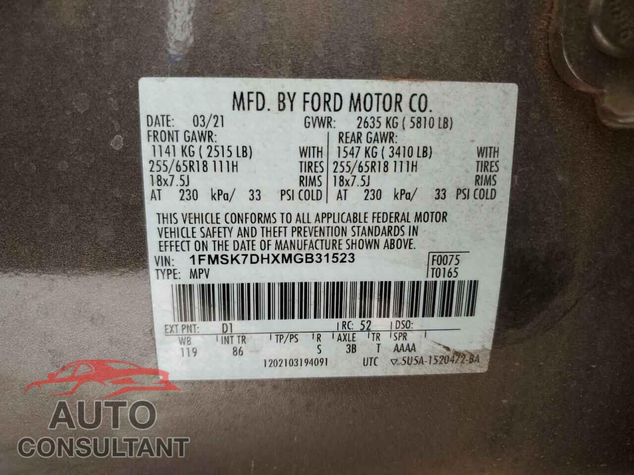 FORD EXPLORER 2021 - 1FMSK7DHXMGB31523