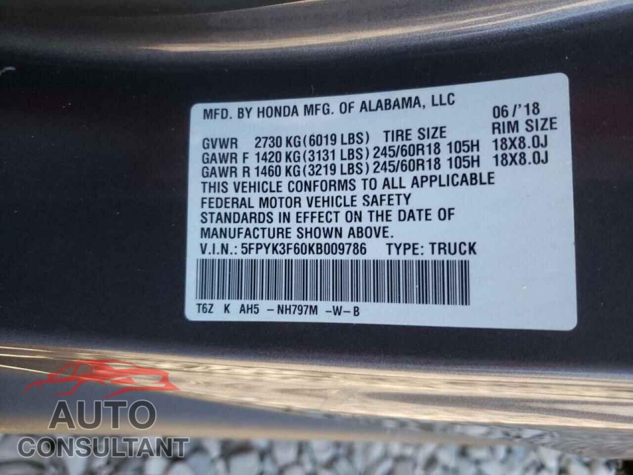 HONDA RIDGELINE 2019 - 5FPYK3F60KB009786