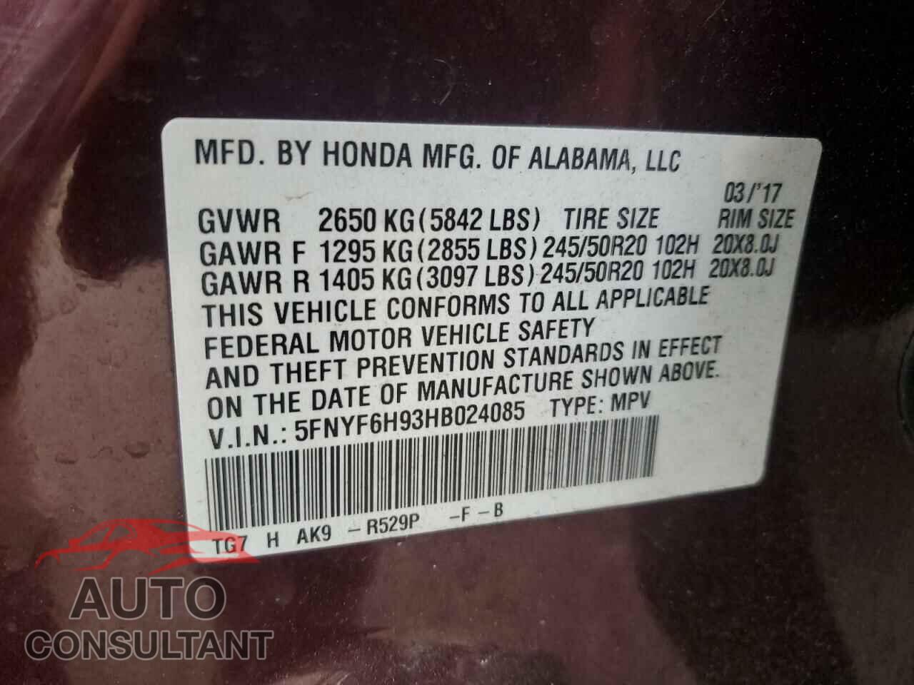 HONDA PILOT 2017 - 5FNYF6H93HB024085