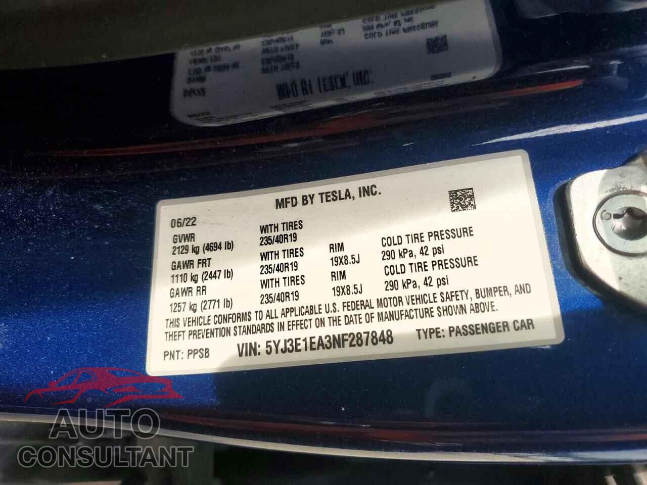 TESLA MODEL 3 2022 - 5YJ3E1EA3NF287848