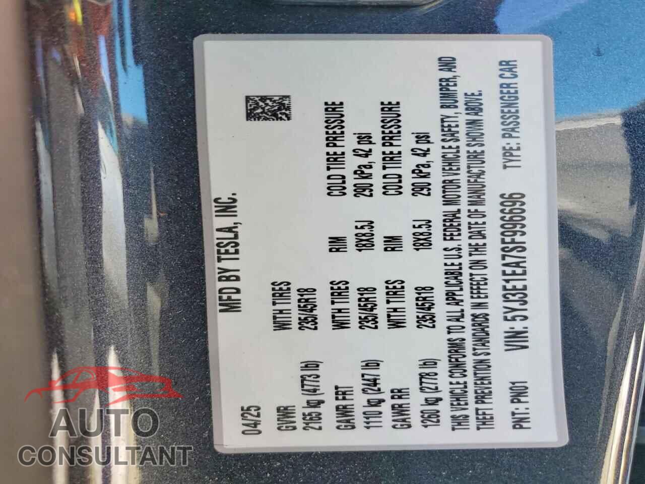 TESLA MODEL 3 2025 - 5YJ3E1EA7SF996696
