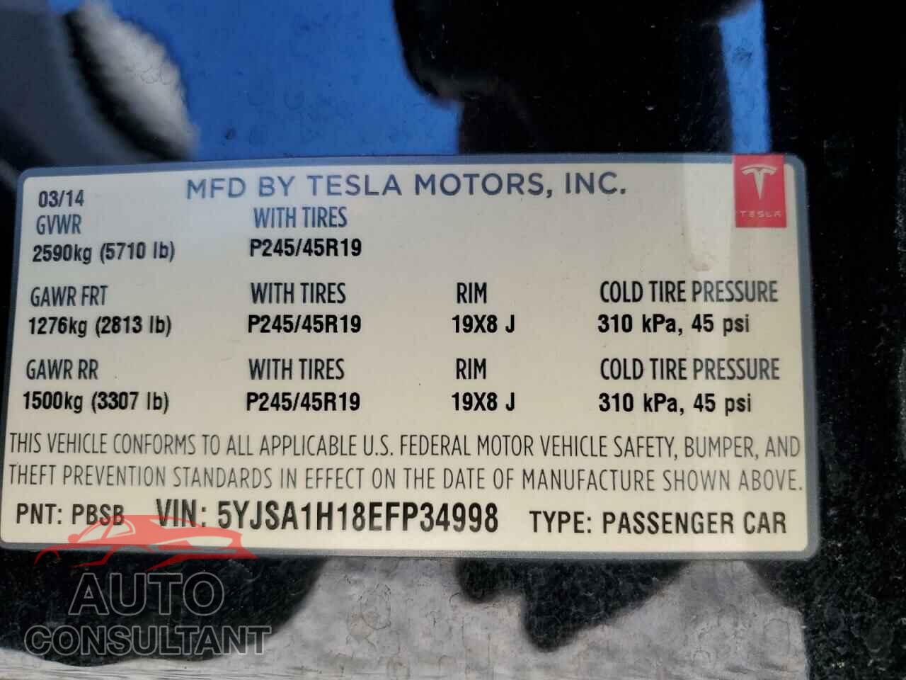 TESLA MODEL S 2014 - 5YJSA1H18EFP34998