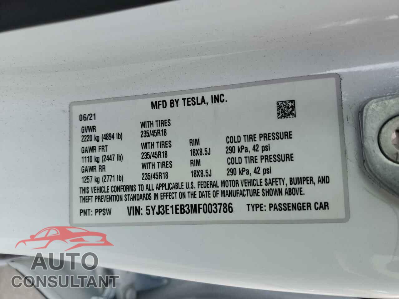 TESLA MODEL 3 2021 - 5YJ3E1EB3MF003786