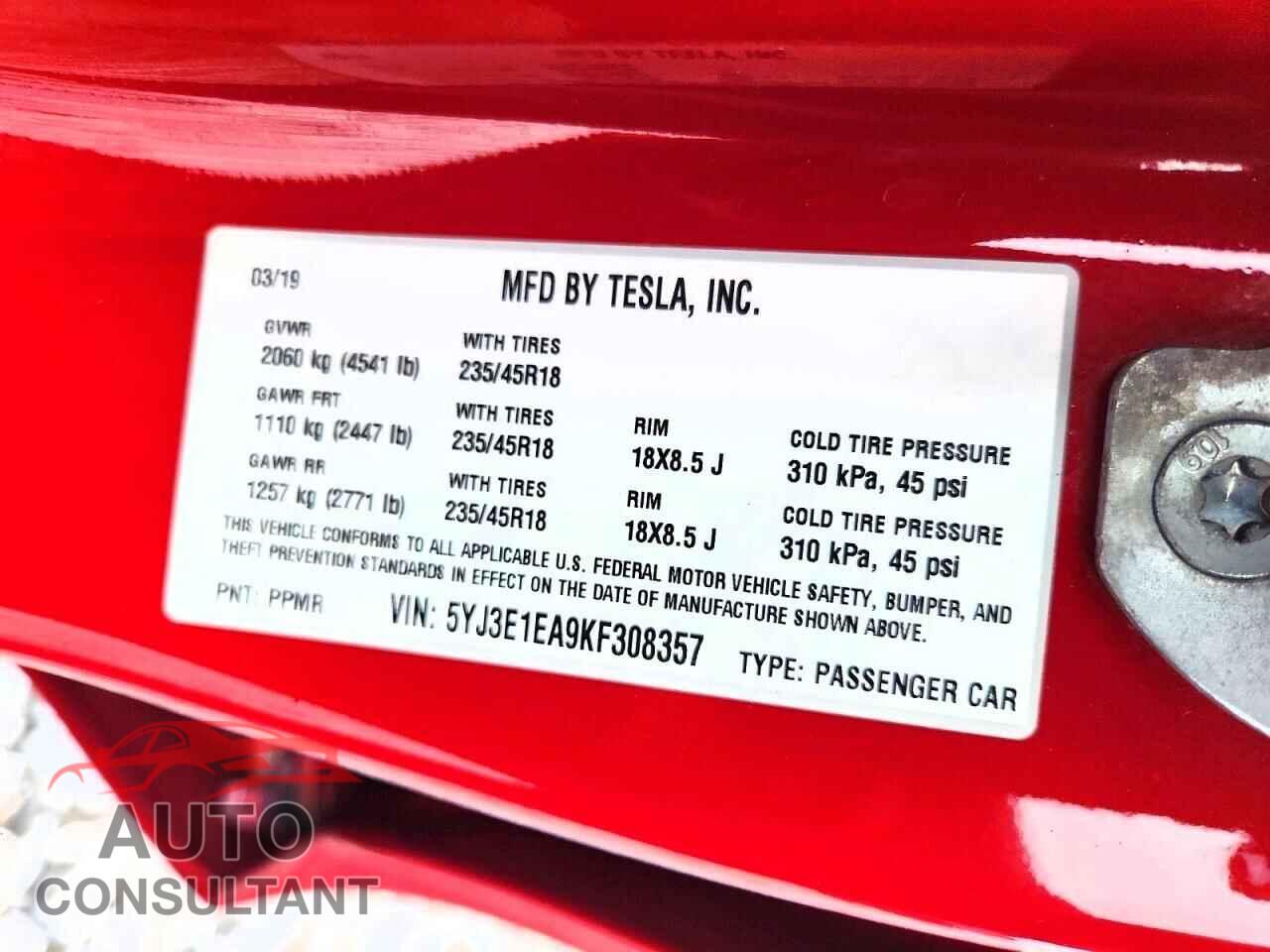 TESLA MODEL 3 2019 - 5YJ3E1EA9KF308357