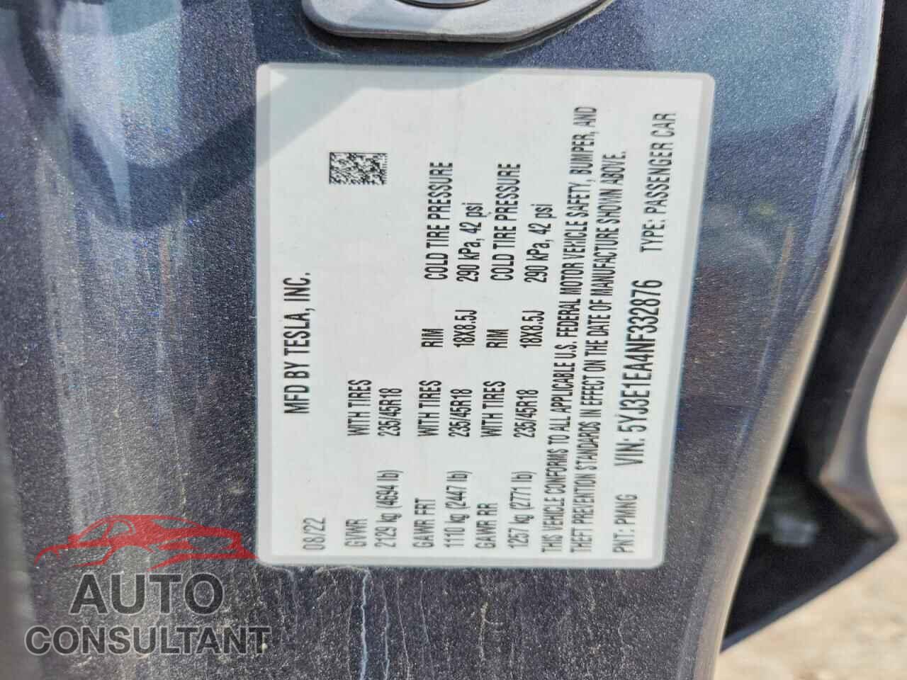TESLA MODEL 3 2022 - 5YJ3E1EA4NF332876