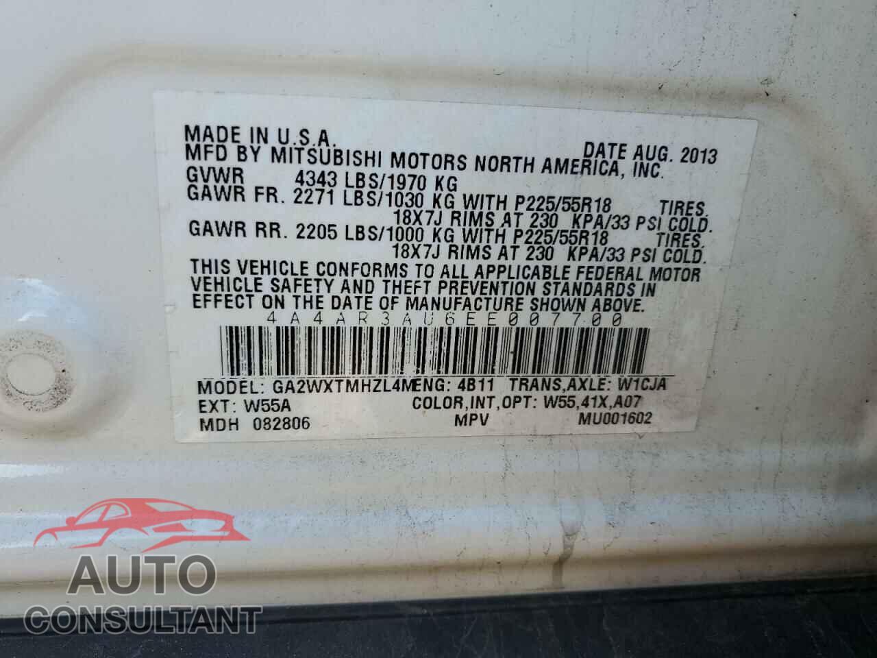 MITSUBISHI OUTLANDER 2014 - 4A4AR3AU6EE007700