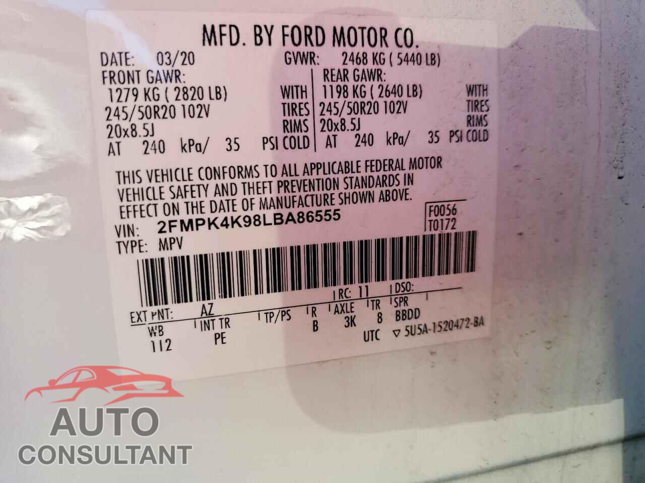 FORD EDGE 2020 - 2FMPK4K98LBA86555