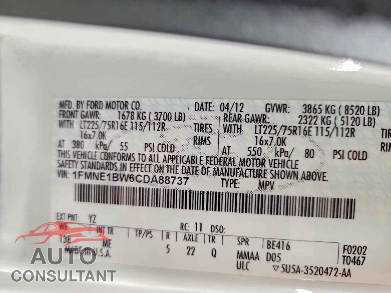 FORD ECONOLINE 2012 - 1FMNE1BW6CDA88737