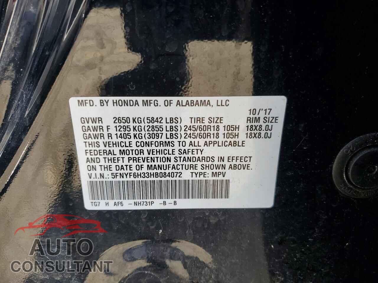 HONDA PILOT 2017 - 5FNYF6H33HB084072