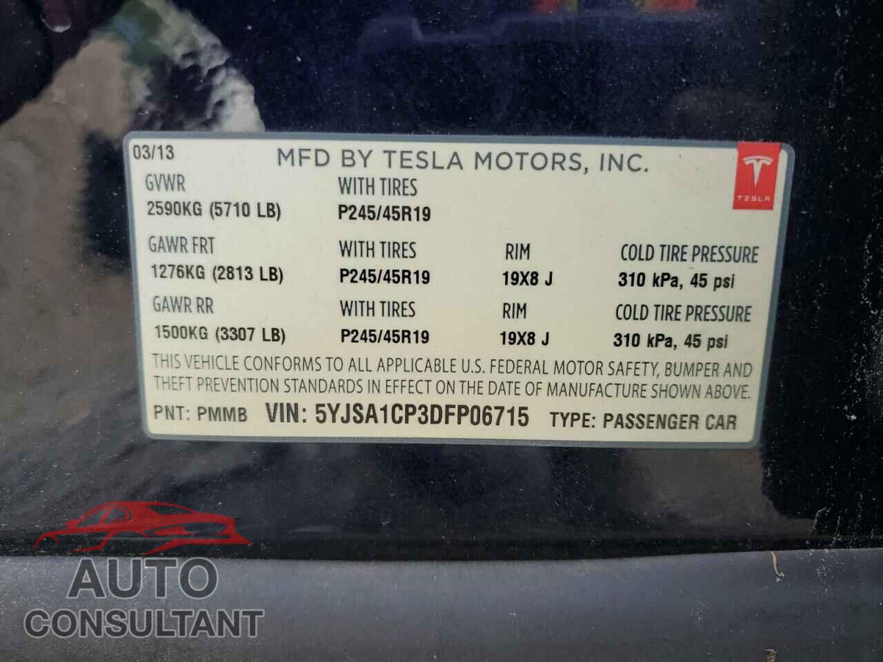 TESLA MODEL S 2013 - 5YJSA1CP3DFP06715