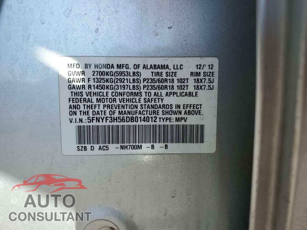 HONDA PILOT 2013 - 5FNYF3H56DB014012
