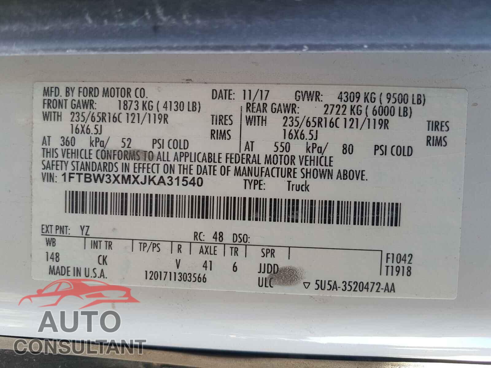 FORD TRANSIT CO 2018 - 1FTBW3XMXJKA31540
