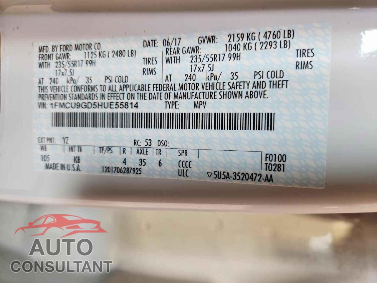 FORD ESCAPE 2017 - 1FMCU9GD5HUE55814