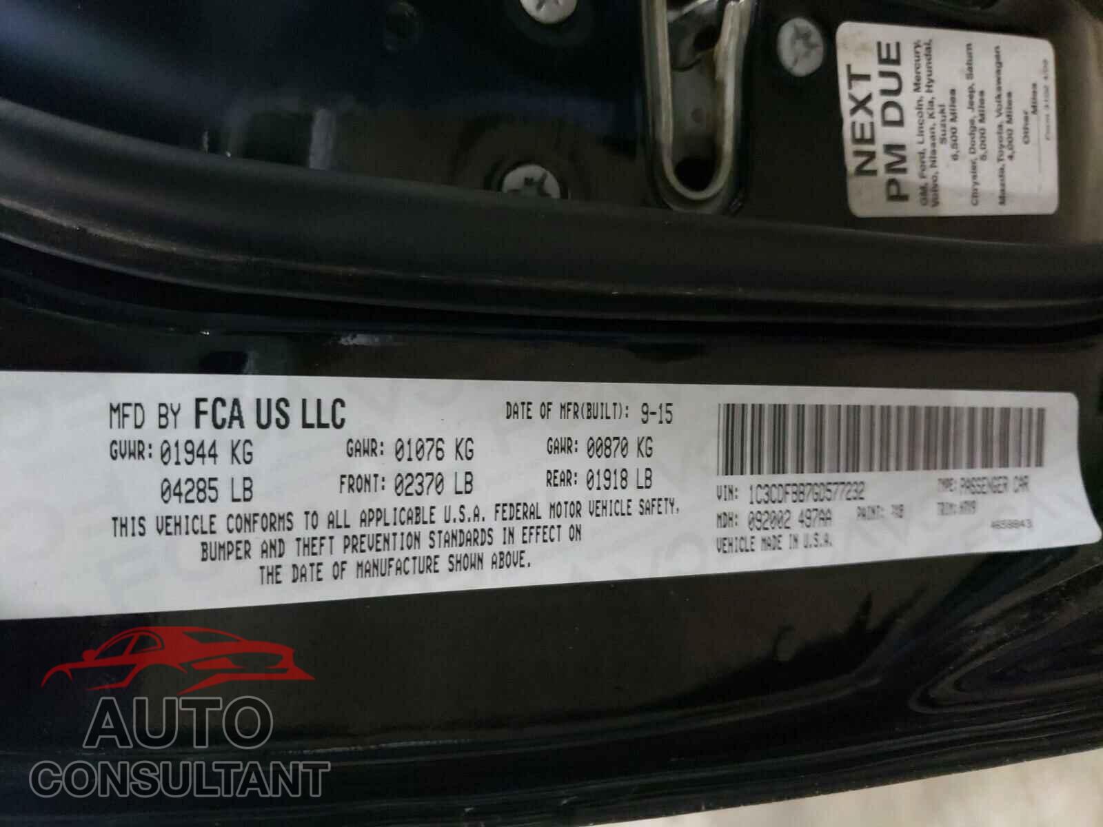 DODGE DART 2016 - 1C3CDFBB7GD577232
