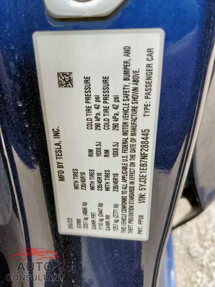 TESLA MODEL 3 2022 - 5YJ3E1EB7NF288445
