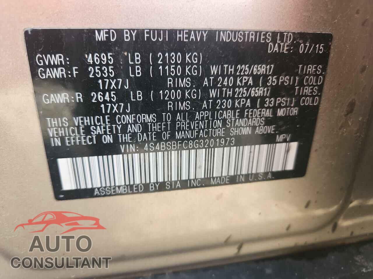 SUBARU OUTBACK 2016 - 4S4BSBFC8G3201973