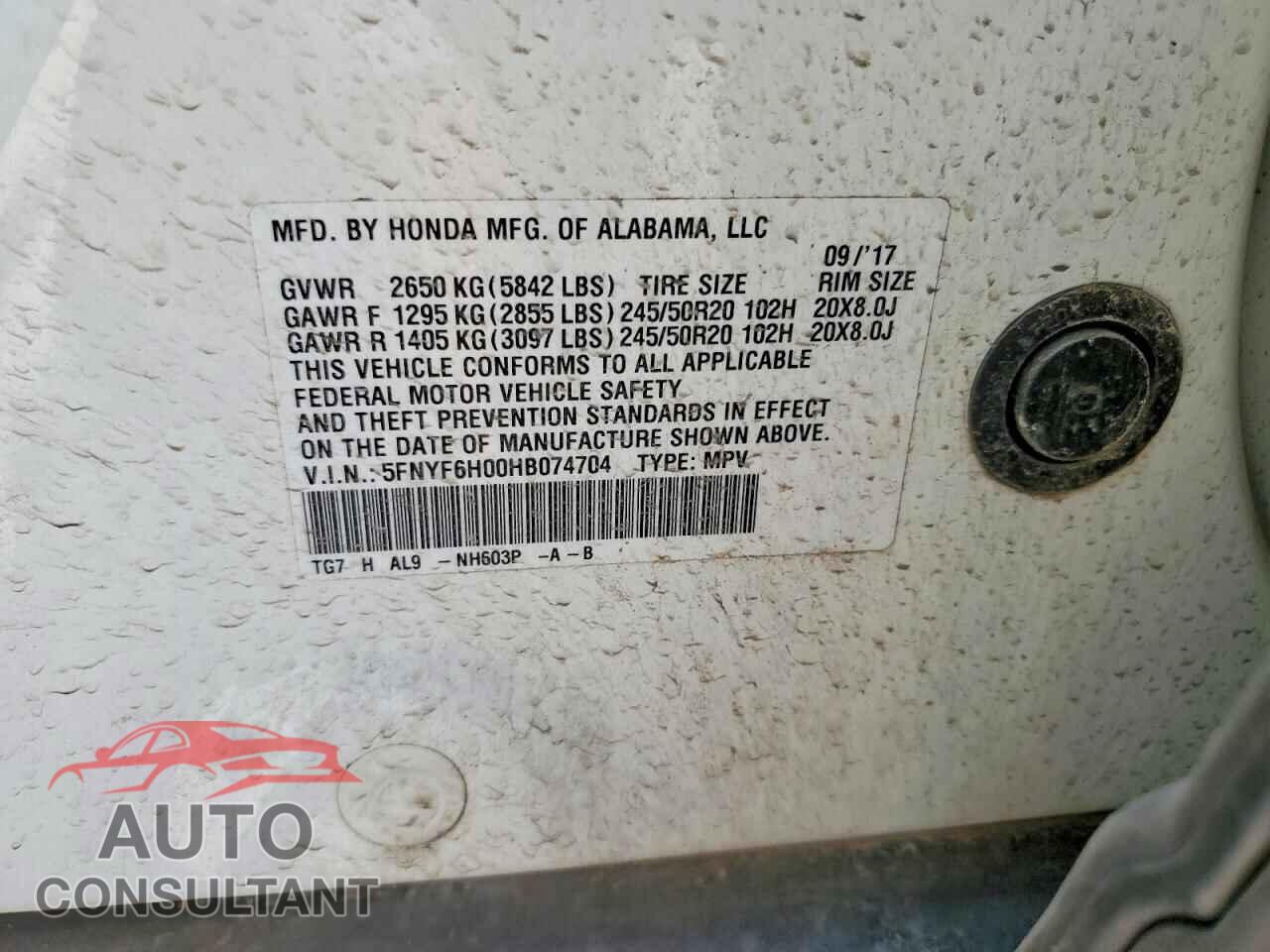 HONDA PILOT 2017 - 5FNYF6H00HB074704