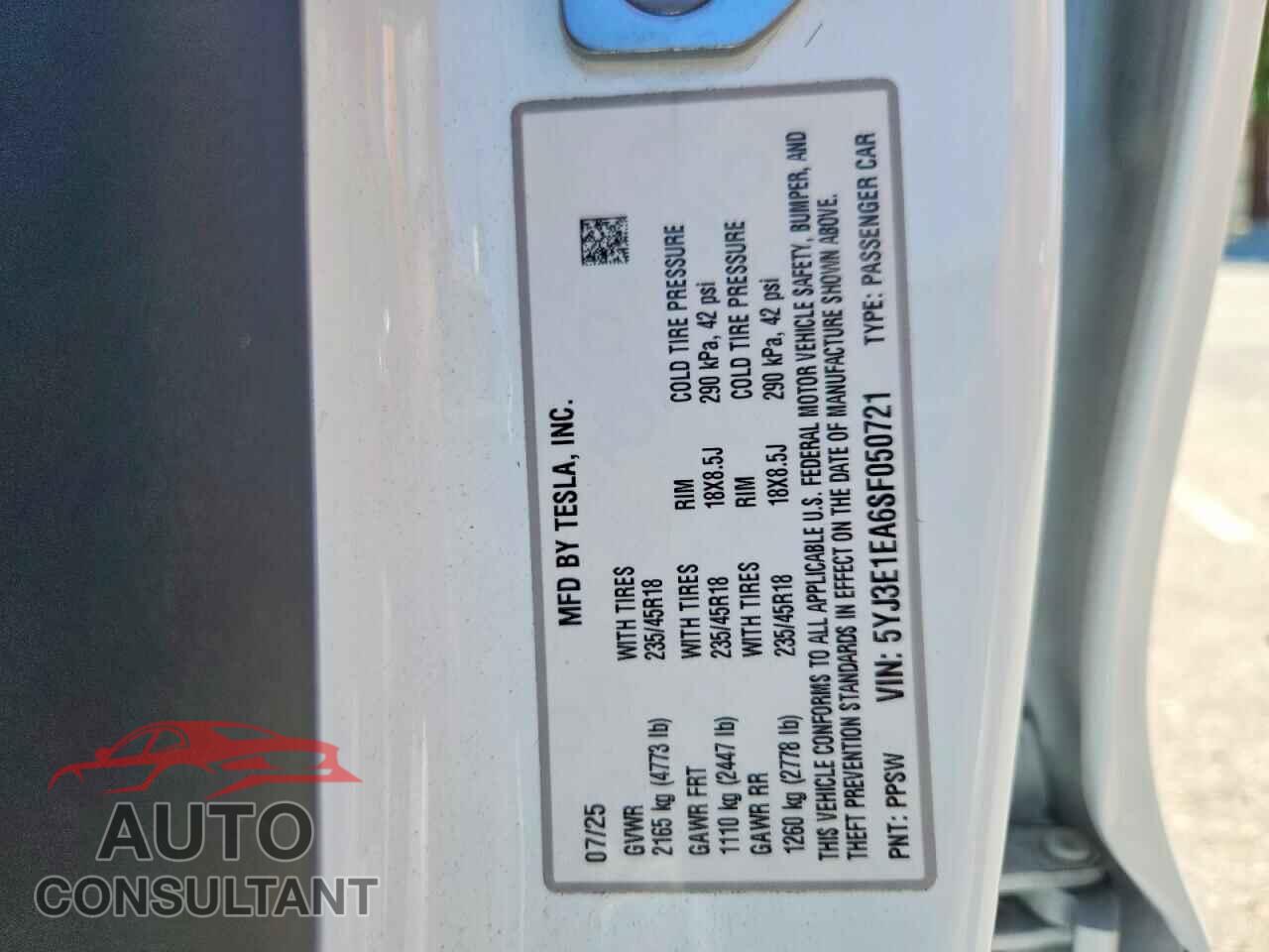 TESLA MODEL 3 2025 - 5YJ3E1EA6SF050721