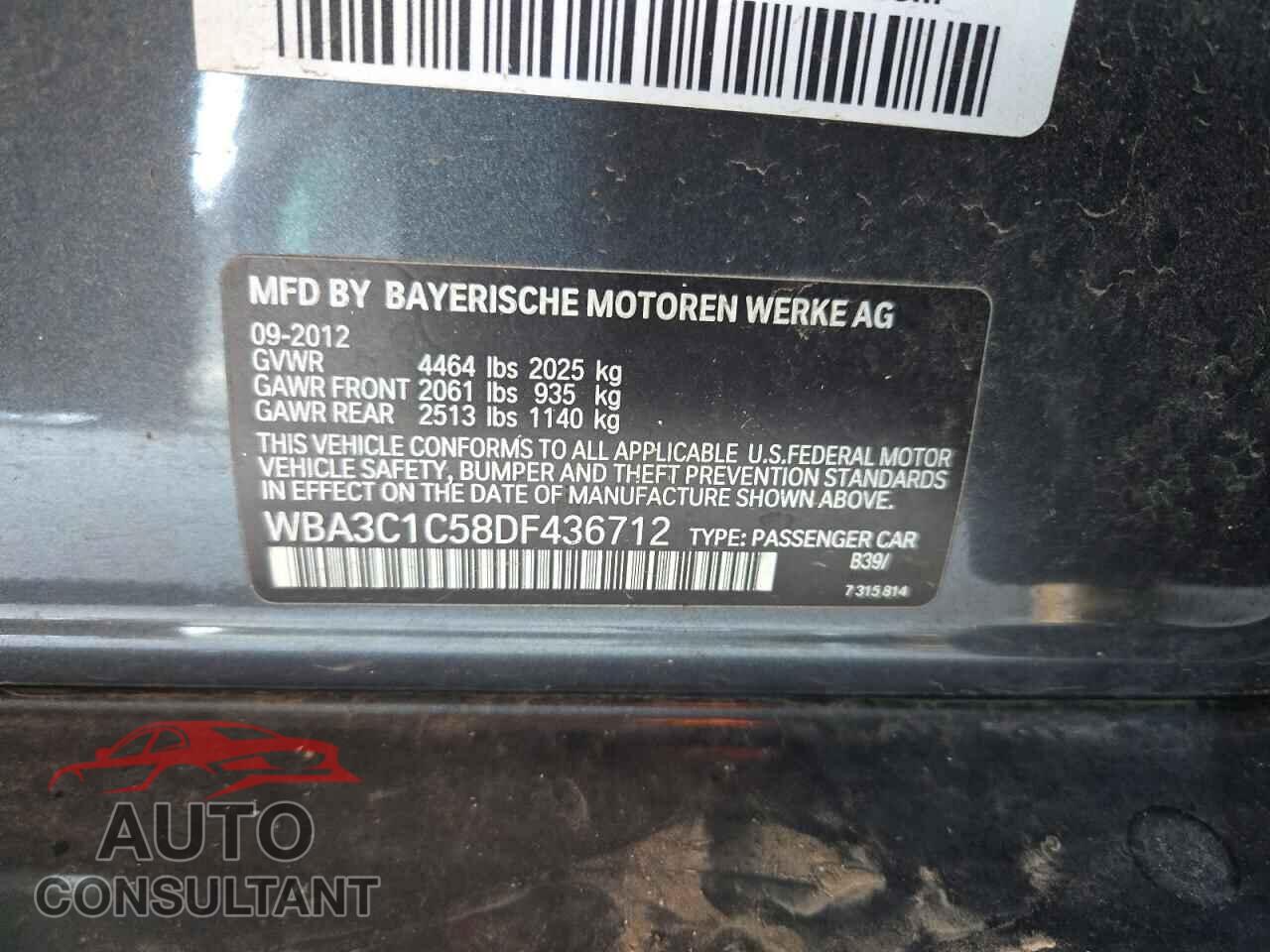 BMW 3 SERIES 2013 - WBA3C1C58DF436712