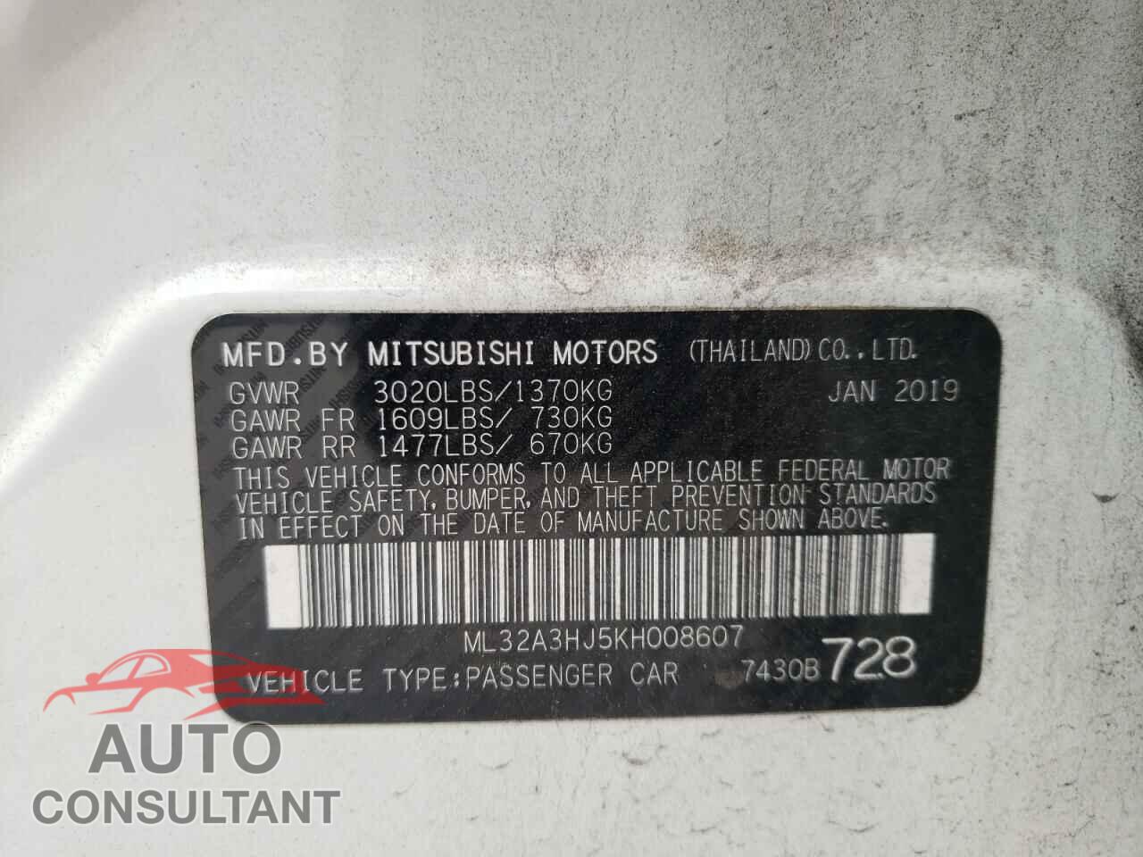 MITSUBISHI MIRAGE 2019 - ML32A3HJ5KH008607