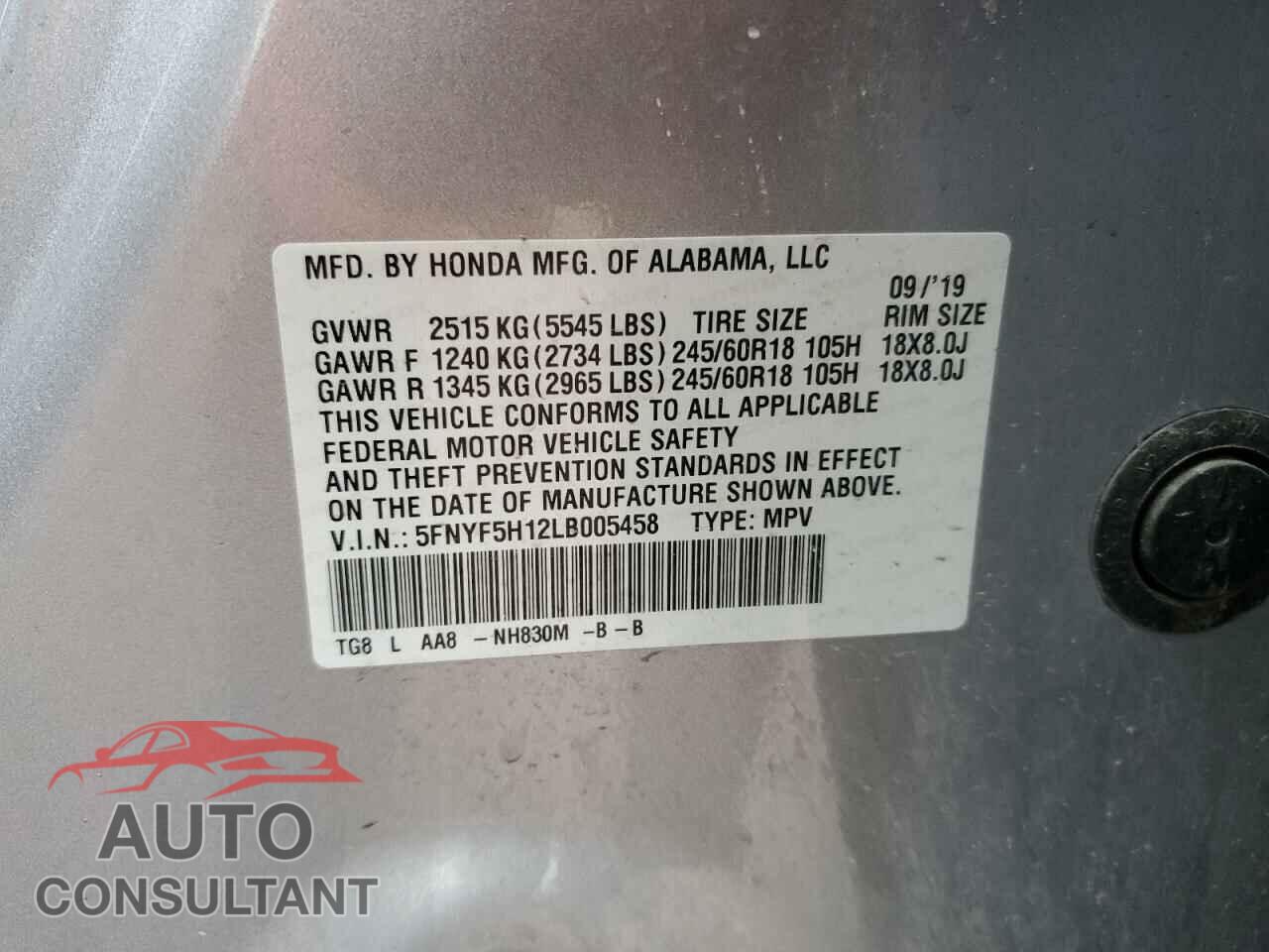 HONDA PILOT 2020 - 5FNYF5H12LB005458