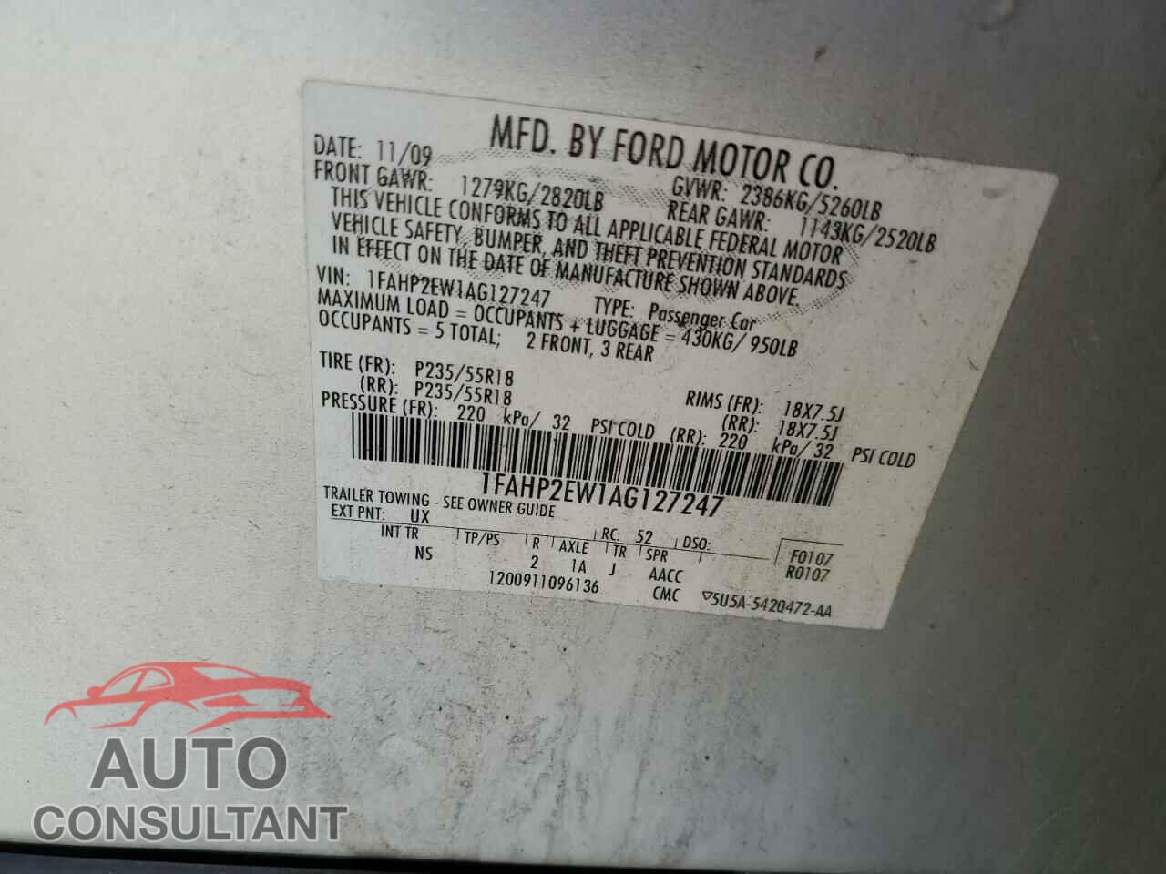 FORD TAURUS 2010 - 1FAHP2EW1AG127247
