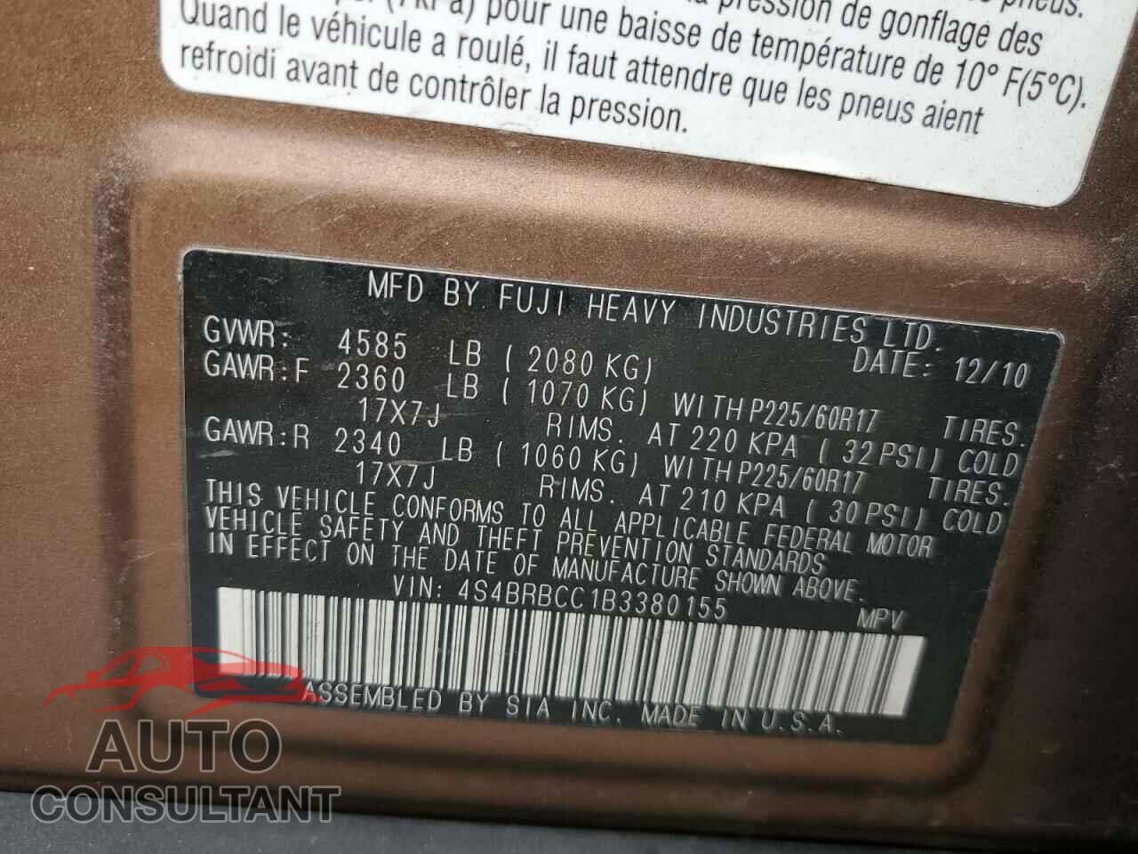 SUBARU OUTBACK 2011 - 4S4BRBCC1B3380155