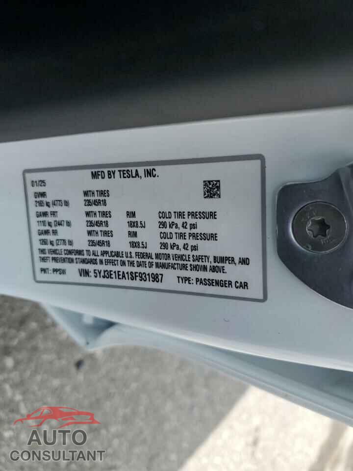 TESLA MODEL 3 2025 - 5YJ3E1EA1SF931987